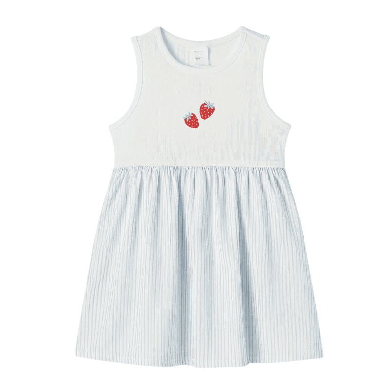 Girls' Crew Neck Sleeveless Ribbed Dress with Embroidered Striped Gathered Skirt